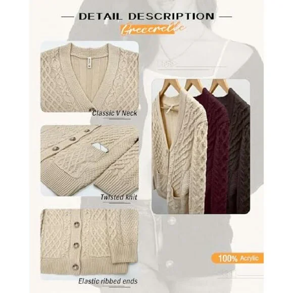 Long Sleeve Cable Knit Cardigan with Pockets, Loose Fit, 100% Acrylic - Picture 5 of 8